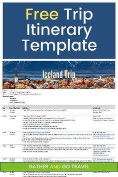 a travel brochure with the text free trip itinerary template iceland trip