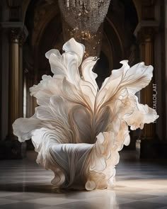 a large white vase sitting on top of a tiled floor next to a chandelier