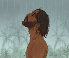 a man with long hair and beard standing in front of a rain soaked grass field