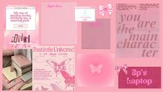 a collage of pink and white items with words on them that say, you are the main character