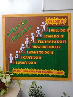 a bulletin board with steps to success written on it and green plants in front of it