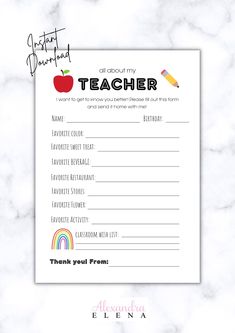 a teacher appreciation note with an apple and pencil on the top, in front of a marble