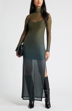 A slip lining gives coverage to this sheer mesh maxi dress that has an ombré pattern giving it a cool color-changing effect. Slips on over head Mock neck Long sleeves Slip lining 95% polyester, 5% spandex Machine wash, tumble dry Imported Mock Neck Long Sleeve Dress, Long Sleeve Mesh Dress, Ombre Dress, Mesh Maxi Dress, Mock Neck Long Sleeve, Green Maxi, Maxi Jersey Dress, Pleated Maxi Dress, Khaki Dress