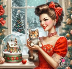 a painting of a woman holding a cat in front of a snow globe and christmas tree