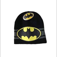 Beanie Features Yellow, Grey And Black Background With Batman Logo. 100% Acrylic. Very Well Knit Fabric. For Boys Ages 4-7. Approximately Measures In Inches: 8" X 8". Themed Black Winter Hats, Black Novelty Beanie One Size Fits Most, Novelty Black Beanie, One Size Fits Most, Black Novelty Beanie, Black Novelty Beanie For Winter, Fun Black Warm Hats, Playful Black Warm Hats, Comic Batman, Boys Beanie