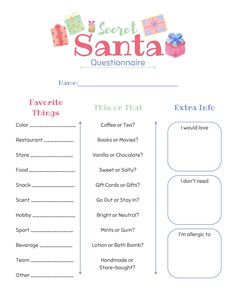 the secret santa question sheet is shown in blue and white, with presents on it