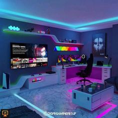 a living room filled with furniture and colorful lighting on the walls, along with a flat screen tv