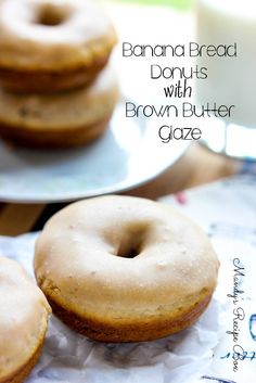 three donuts with brown butter glaze on a plate