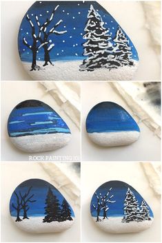 four different pictures of painted rocks with trees and snow in the night sky on them