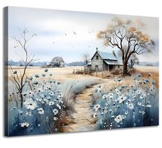 a painting of a house in the middle of a field with wildflowers and trees