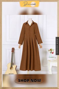 Women Belt Pleated Plain Long Maxi Dress Loose Long Big Swing Dress Plus Size Long Sleeve Shift Maxi Dress For Daywear, Brown Collared Dresses For Spring, Brown Collared Dress For Spring, Brown V-neck Maxi Dress For Work, Brown Collared Dress For Daywear, Fall Shift Midi Length Shirt Dress, Brown Collared Daywear Dress, Vintage Long Sleeve Pleated Midi Dress, Casual Brown Collared Midi Dress