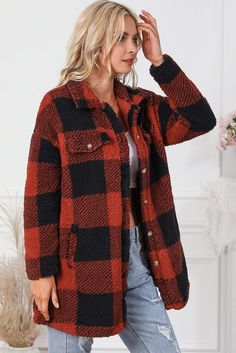 This delicate coat is an essential item for your winter wardrobe Classic plaid pattern and fuzzy fabric look cute and versatile Flap pockets add a sense of design to the coat Style with skinny pants, leggings, or jeans for most occasions Stay warm and stylish on cold days Size Chart (CM) Sizes Bust Shoulder Sleeve Length Length Hem Width Relax Relax Relax Relax Relax S 103 57 47 81 116 M 109 60 47.5 83 122 L 115 63 48 85 128 XL 123 67 48 87 136 Elasticity High Size Chart (INCH) Sizes Bust Should Plaid Button-up Winter Outerwear, Plaid Winter Outerwear With Buttoned Pockets, Flannel Outerwear With Buttons, Trendy Flannel Outerwear With Pockets, Long Sleeve Flannel Outerwear With Buttons, Plaid Outerwear With Buttoned Pockets For Fall, Trendy Flannel Winter Outerwear, Fall Plaid Outerwear With Buttoned Pockets, Trendy Winter Flannel Outerwear