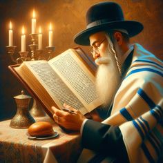 an old man reading a book with candles in the background