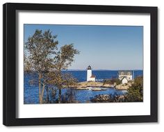 a framed photograph of a lighthouse in the middle of water with trees and rocks around it