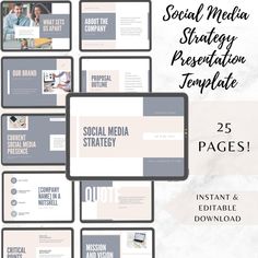 the social media strategy presentation template is displayed on multiple devices and includes several different slides