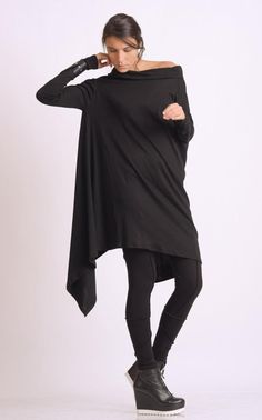 Black Asymmetric Tunic/Loose Long Top/Extravagant Casual | Etsy Black Irregular Tops For Fall, Black Long Sleeve Tunic For Fall, Black Lagenlook Tunic For Fall, Black Tunic For Fall Layering, Oversized Asymmetrical Tunic For Fall, Oversized Lagenlook Tunic With Asymmetrical Hem, Oversized Lagenlook Long Sleeve Tunic, Oversized Long Sleeve Lagenlook Tunic, Lagenlook Asymmetrical Tunic For Layering