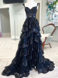 A-Line Sweetheart Neck Tulle Sequin Navy Blue Long Prom Dress P631 Navy Blue Prom Dress, Navy Blue Prom, Tiered Tulle Skirt, Elegant Ball Gowns, Blue Prom Dress, Grad Ideas