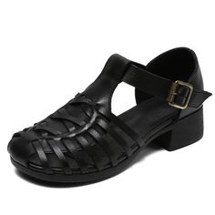 Women Retro Plaited Leather Summer Low Block Sandals-RAIIFY Black Platform Sandals With Low Heel, Black Round Toe Synthetic T-strap Sandals, Black Synthetic T-strap Sandals With Round Toe, Black Synthetic Round Toe T-strap Sandals, Black T-strap Sandals With Rubber Sole For Spring, Black T-strap Sandals With Rubber Sole For Summer, Black Closed Toe T-strap Platform Sandals, Black Slingback Sandals With Rubber Sole And Round Toe, Black T-strap Sandals With Rubber Sole