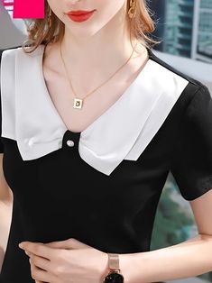 White French Doll Collar Short Sleeve T Shirt Ladies | Today's Best Daily Deals | Temu White Collar Dress Outfit, Elegant White Spread Collar Top, Elegant White Top With Contrast Collar, Elegant Cotton Top With Doll Collar, Elegant H&m Collared Blouse, Elegant Doll Collar Top, Sunday Dresses, Cotton Night Dress, Fab Dress