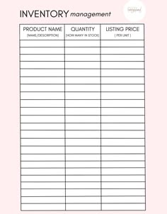 inventory management sheet with the words product name and listing price list on top of it