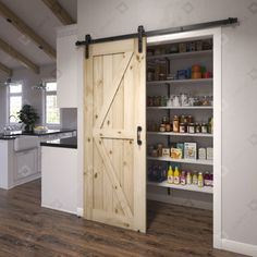 an open pantry with sliding doors in a kitchen