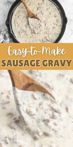 sausage gravy in a cast iron skillet with a wooden spoon on it