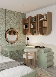 a bedroom with a bed, desk and shelves on the wall next to each other