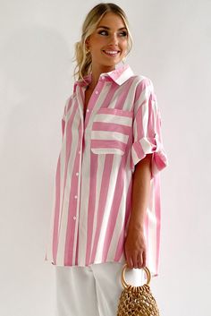 Striped Button Up Rolled Sleeves Shirt Striped Button-up Shirt For Day Out, Pink Buttoned Shirt For Vacation, Striped Summer Shirt For Day Out, Striped Button-up Beach Shirt, Striped Collared Blouse For Beach, Pink Button Closure Shirt For Beach, Striped Collared Blouse For The Beach, Striped Shirt For Spring And Summer, Striped Shirt With Button Closure For Beach