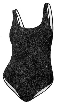 Weave dark summer style with Goth Cloth Co.'s Gothic Web One-Piece Swimsuit. Featuring a chilling black and white spider web pattern, this swimsuit offers gothic elegance and webbed allure, making it perfect for beach and poolside escapades. Key Features: Chlorine-resistant fabric: Made from 82% polyester and 18% spandex for durability. Cheeky fit: With a scoop neckline and low scoop back for a flattering look. Zig-zag stitching: For added style and longevity. Double-layer front: Providing suppo Gothic Black Bodysuit For Halloween, Black Gothic Bodysuit For Halloween, Black Stretch Rave Swimwear, Black Halloween Party Swimwear, Black Gothic Bodysuit For Costume Party, Black Swimwear For Halloween Costume Party, Black Rave Party Swimwear, Black Swimwear For Summer Costume Party, Black Rave Swimwear