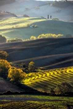 the rolling hills are covered in fog and light from the sun shining down on them