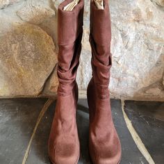 New Brown Heeled Slouch Boot. Classic Style And Color Always On Trend. Slightly Narrow Fit. Smoke Free Home. Fabric Boots With Fitted Round Toe, Fitted Fabric Boots With Round Toe, Sketchers Boots, Tall Brown Leather Boots, Lace Up Heel Boots, Black High Boots, Platform Heels Boots, Faux Suede Boots, Suede Chelsea Boots