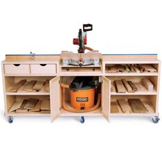 a workbench with drawers and tools on wheels