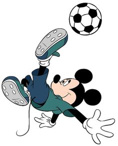 mickey mouse kicking a soccer ball with his feet and head in the air, while wearing a