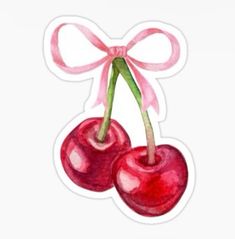 two cherries tied with a pink ribbon sticker on a white background, watercolor