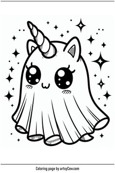 a coloring page with an image of a cute unicorn cat in black and white, surrounded by stars