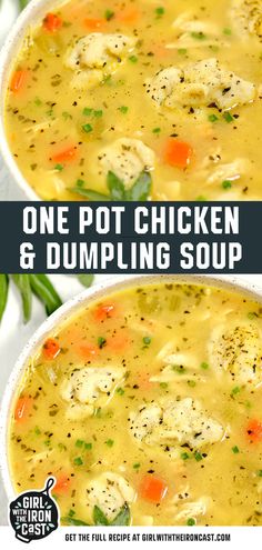 one pot chicken and dumpling soup in a white bowl