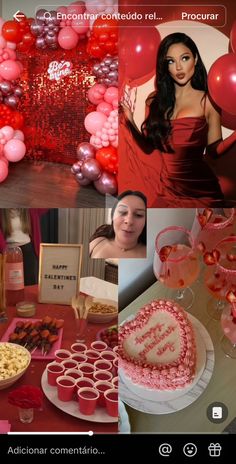 a collage of photos with balloons, cake and other items on the table for a valentine's day party