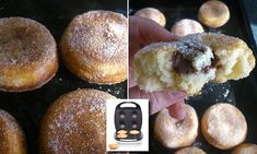 two pictures show pastries being made in the oven and then baked with powdered sugar