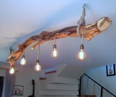 some light bulbs are hanging from a branch in a room with stairs and pictures on the wall