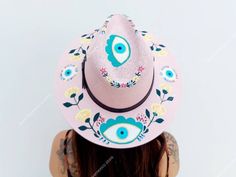 Bohemian Hand Painted Panama Hat With Flat Brim, Unique Handmade Fedora For Beach, Unique Summer Fedora With Curved Brim, Bohemian Hand Painted Wide Brim Panama Hat, Bohemian Wide Brim Hand Painted Panama Hat, Unique Handmade Fedora For The Beach, Pink Handmade Sun Hat For Festival, Pink Handmade Bohemian Fedora, Handmade Pink Fedora Sun Hat