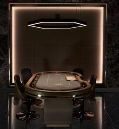 a casino table with chairs around it in front of a wall that is lit up