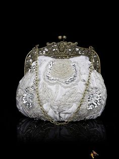 BirdinBag - Stunning Rose Embroidered Beaded Clutch - Elegant Evening Bag White Embroidered Event Bag, White Embroidered Event Bags, White Embroidered Bag For Events, Embroidered White Bag For Events, Sequin Shoulder Bag For Wedding, Elegant White Sequined Bags, Elegant Sequin Shoulder Bag, Silver Embroidered Party Bags, Party Embroidered Silver Bag