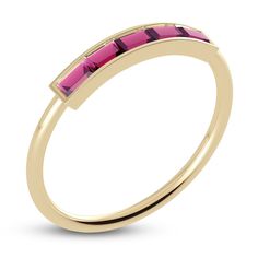 A sleek row of five baguette-cut natural Rhodolite garnet gemstones modernizes this striking bar style ring from the Juliette Maison™ collection. Fashioned in 10K yellow gold, the bezel set stones make a bold but elevated statement with its minimal design. Jared The Galleria Of Jewelry, Bar Ring, Bar Styling, Rhodolite Garnet, Baguette Cut, Garnet Gemstone, Minimal Design, Bezel Setting, Garnet