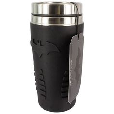 thermos cup is black and has a silver lid with a cat on it