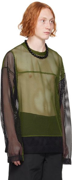 Semi-sheer polyester mesh T-shirt. · Paneled construction · Crewneck · Dropped shoulders Supplier color: Green Green Mesh Crew Neck Top, Green Sheer Mesh Top, Sheer Green Mesh Top, Green Mesh Casual Top, Sheer Mesh T-shirt For Spring, Summer Green Tops With Sheer Sleeves, Summer Green Top With Sheer Sleeves, Green Top With Sheer Sleeves For Summer, Mesh Tops With Mesh Sleeves For Streetwear