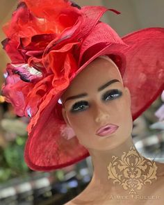 Red Curved Brim Fascinator For Garden Party, Red Curved Brim Hat For Wedding, Red Short Brim Hat For Wedding, Fitted Red Hat For Garden Party, Red Short Brim Wedding Hat, Red Mini Hats For Kentucky Derby Garden Party, Red Adjustable Hat For Garden Party, Red Hat For Garden Party And Kentucky Derby, Elegant Red Hat For Garden Party