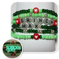 Glow In The Dark Grinch And Max Friendship Bracelet Stack. Adorable Six Piece Bracelet Stack Letters Glow In The Dark With Uv Exposure Approx 7 1/2” Closure Is Screw Clasp On Stretchy String Do Not Overstretch Not Intended For Small Children Choking And Breakage This Is A Boutique Item With No Store Tags. Direct From Artist Grinch Bracelet, Friendship Bracelet Stack, Open Bangle Bracelet, Cubic Zirconia Bracelet, Luxury Bracelet, Chic Bracelet, Bracelet Earring Set, Turquoise And Purple, Pandora Silver