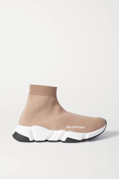 Balenciaga's 'Speed' sneakers debuted back in Fall '16 and they've taken on countless colorways and iterations since. One of the latest, this pair has been made in Italy from breathable beige stretch-knit in the signature sock-like fit and rests on sculptural rubber soles. They're stamped with the brand's emblem along the side.  Shown here with: [Balenciaga Skirt id1177662], [Balenciaga T-shirt id1190529], [Balenciaga Tote id1190634]. Balenciaga Speed Runner, Balenciaga Skirt, Shoes Sneakers High Tops, Balenciaga Shoes Sneakers, Balenciaga Tote, Lux Fashion, Balenciaga T Shirt, Black Balenciaga, Balenciaga Sneakers