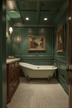 a bathroom with green walls and white bathtub in the center, framed painting on the wall