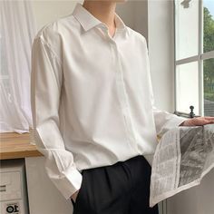 Origin: CN(Origin)Material: Viscose fibreApplicable Scene: DailyShirts Type: Casual ShirtsSleeve Length(cm): FullStyle: CasualApplicable Season: Spring and AutumnCollar: Turn-down CollarClosure Type: Single BreastedItem Type: ShirtsSleeve Style: RegularGender: MENFabric Type: BroadclothPattern Type: Solid Kemeja Lelaki, Shirt Dress Casual, Men Shirt Style, Plus Size Jeans, Kpop Fashion, Shirts For Men, Silk Shirt, Smart Casual, Button Up Shirt